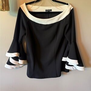 Black and White Ruffled Bell Sleeve Blouse